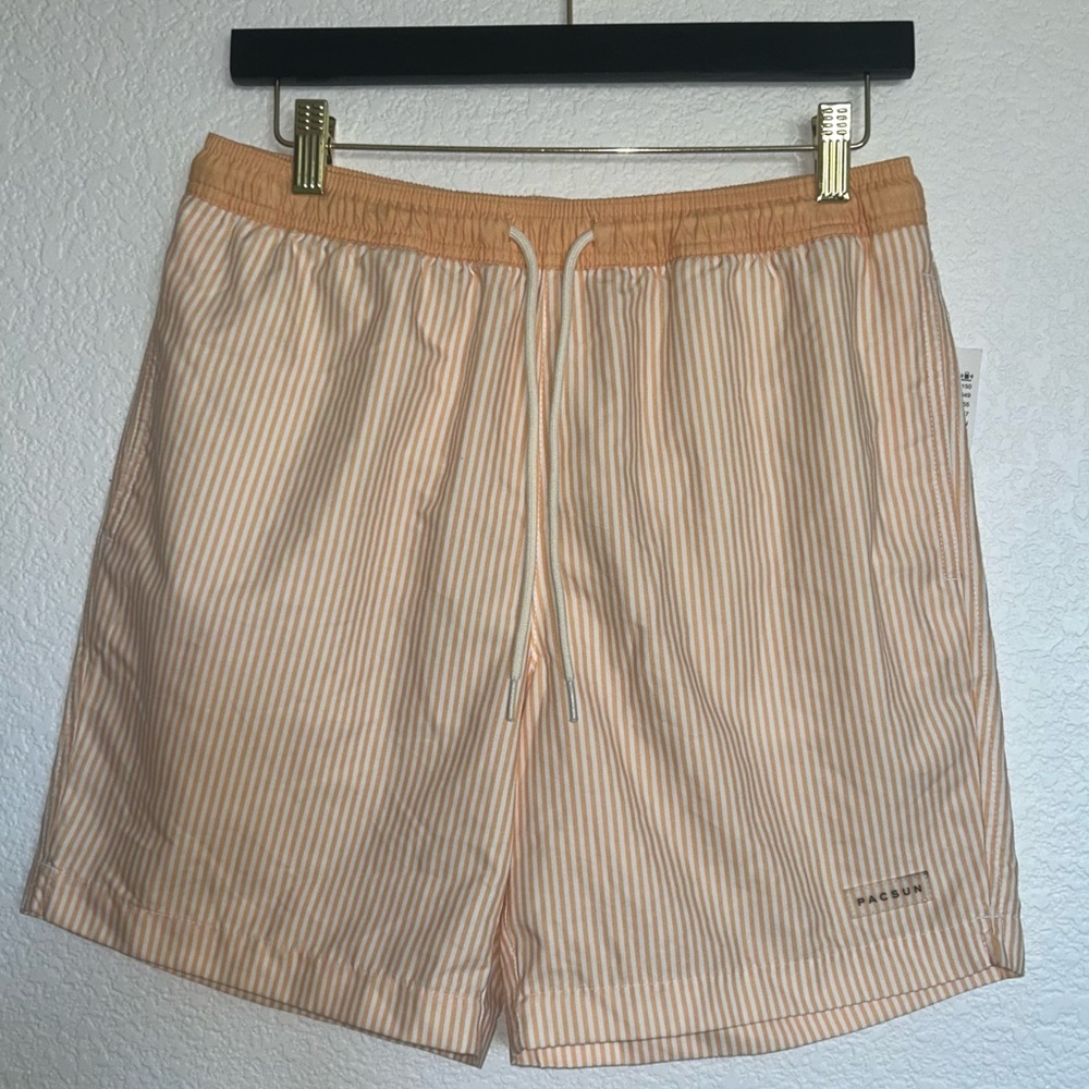 PACSUN Striped Orange and White 6.5" Swim Trunks
